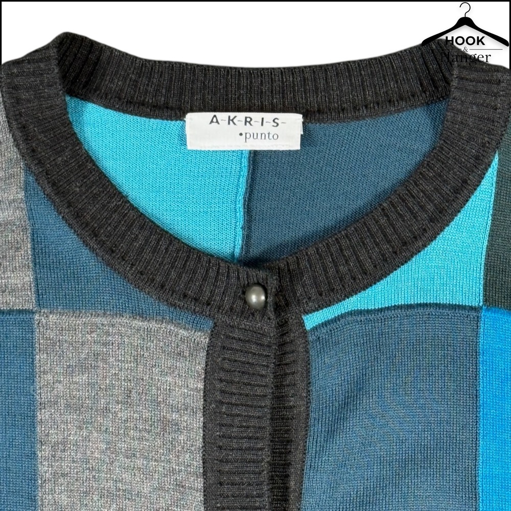 Akris Punto Luxury Patchwork Wool Cardigan 12 Teal Blue Gray Colorblock Sweater - Picture 2 of 9